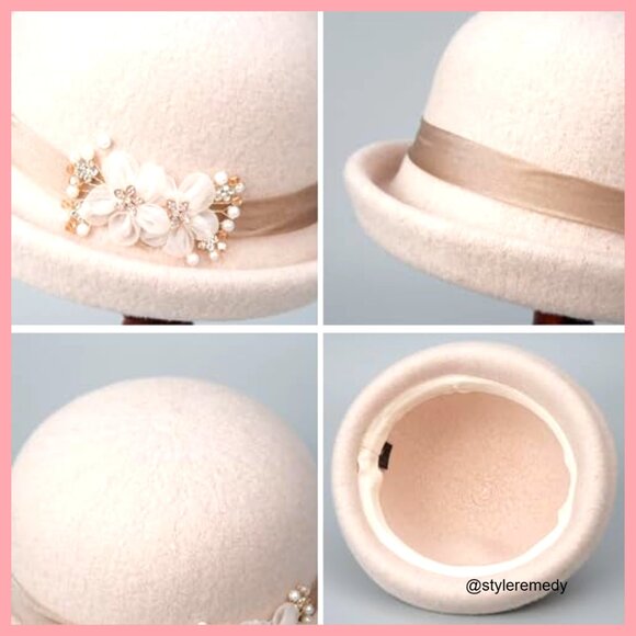 Wool Felt Floral Bucket Hat, Vintage Cloche Fedora for Women main image 7